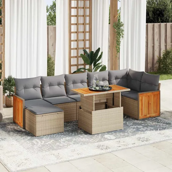 Salon de jardin avec coussins 8 pcs beige résine tressée acacia