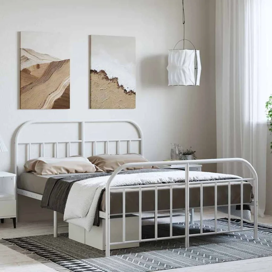 Cadre de lit métal sans matelas et pied de lit blanc 135x190 cm