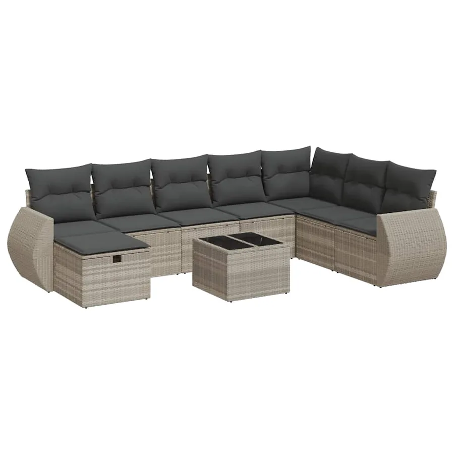 Salon de jardin 9 pcs avec coussins gris clair résine tressée - 2