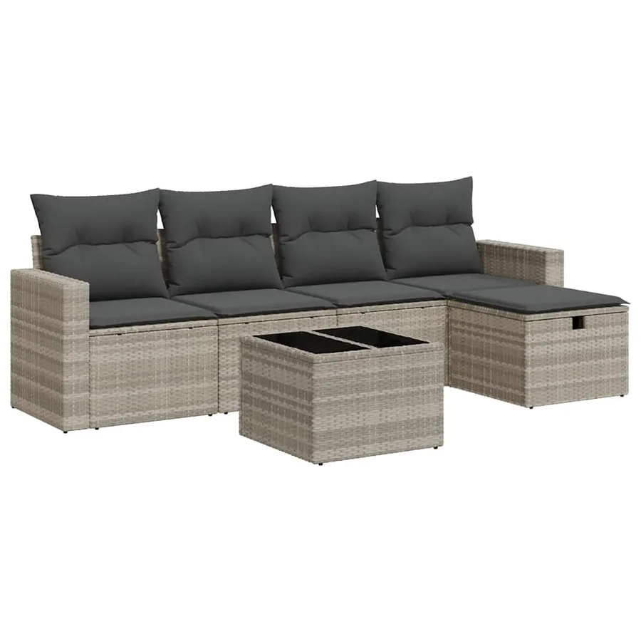 Salon de jardin 6 pcs avec coussins gris clair résine tressée - 2