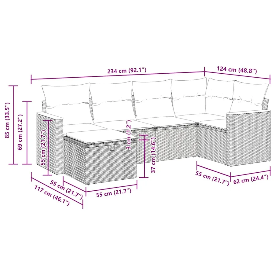 Salon de jardin 6 pcs avec coussins noir résine tressée - 14