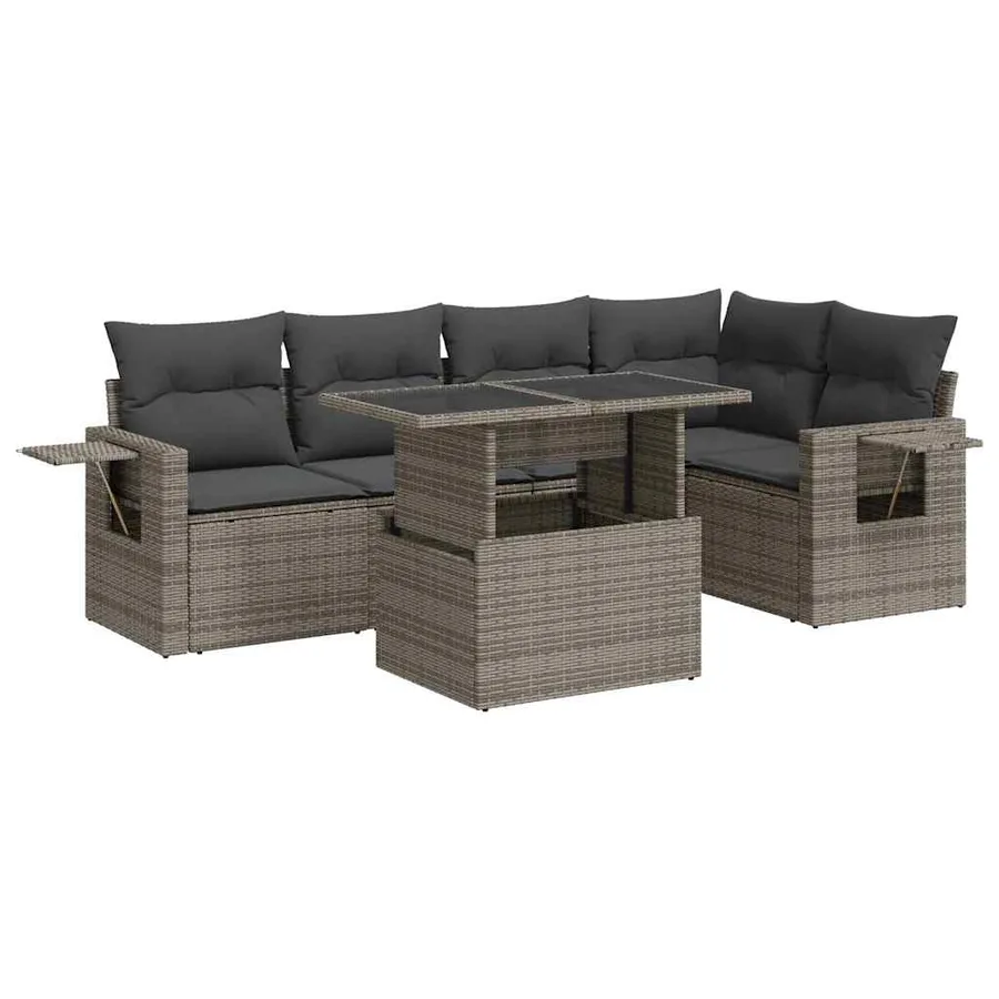 Salon de jardin 6 pcs avec coussins gris résine tressée - 2