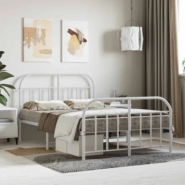 Cadre de lit métal sans matelas et pied de lit blanc 120x190 cm