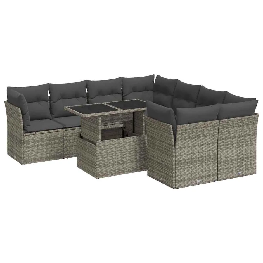 Salon de jardin 9 pcs avec coussins gris résine tressée - 2