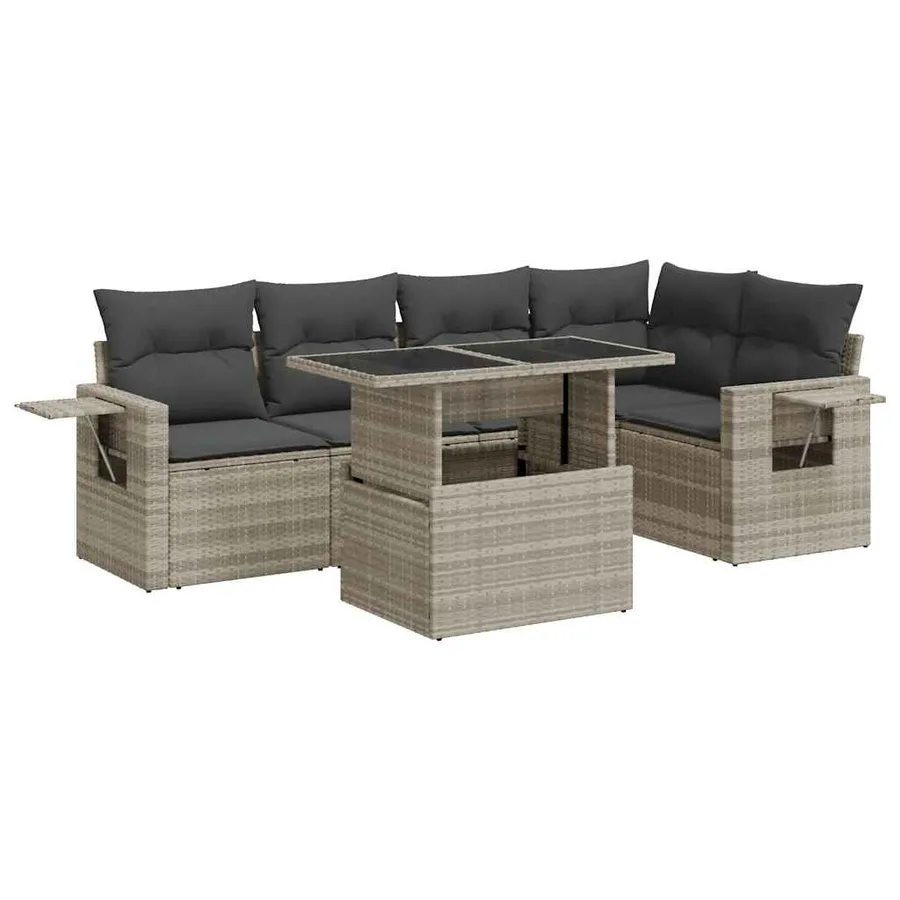 Salon de jardin 6 pcs avec coussins gris clair résine tressée - 2