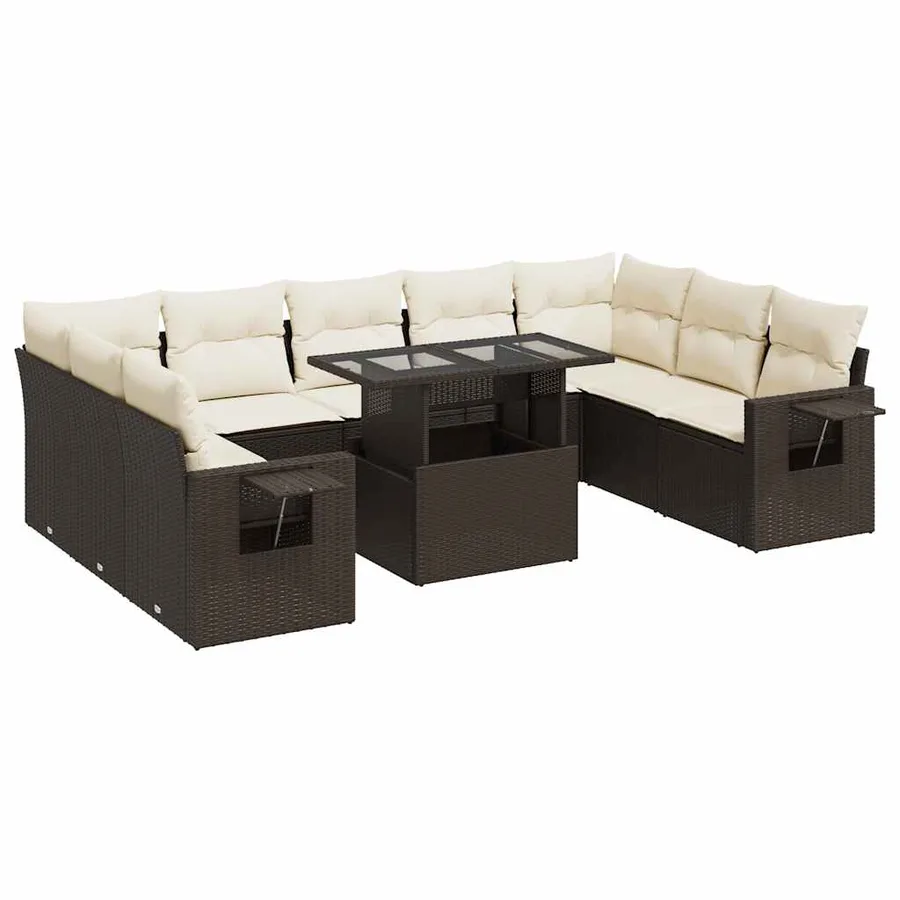 Salon de jardin 10 pcs avec coussins marron résine tressée - 2