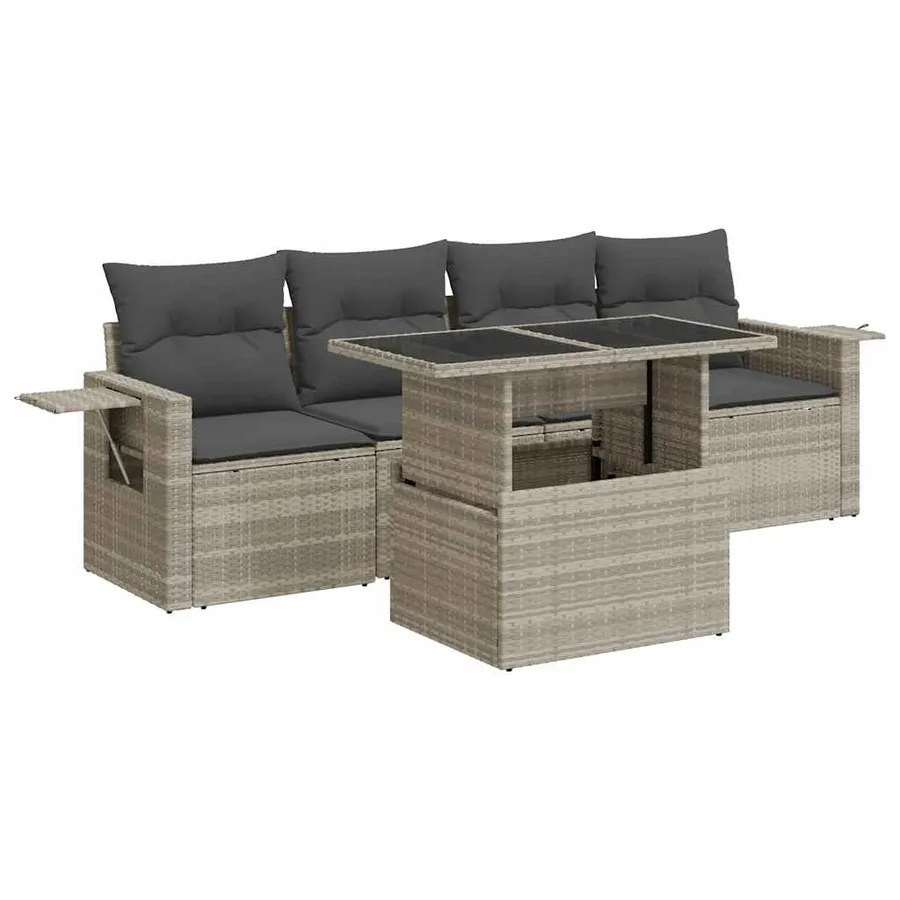 Salon de jardin 5 pcs avec coussins gris clair résine tressée - 2