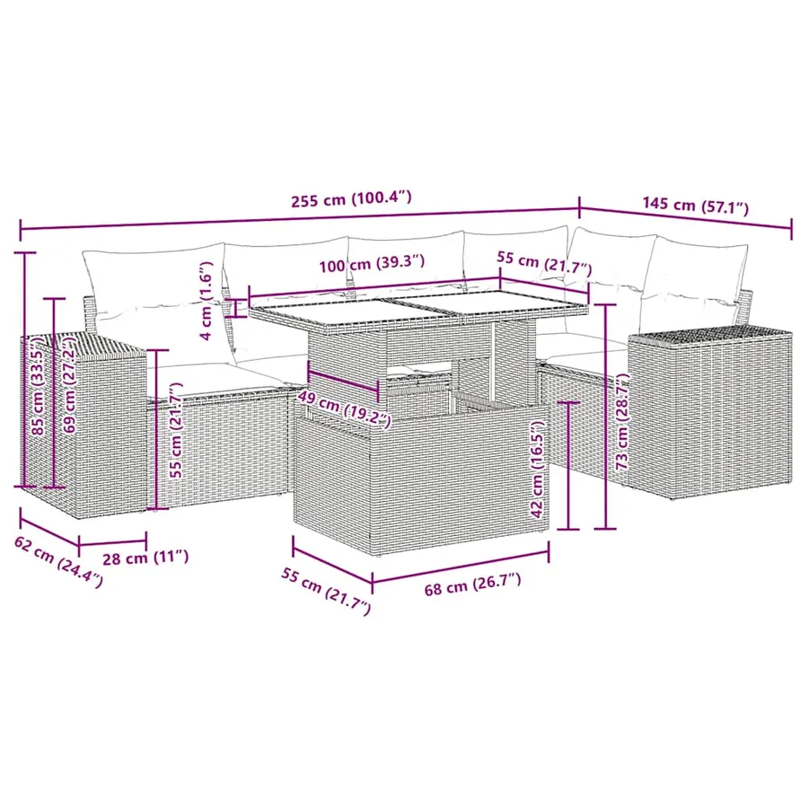 Salon de jardin 6 pcs avec coussins gris résine tressée - 15