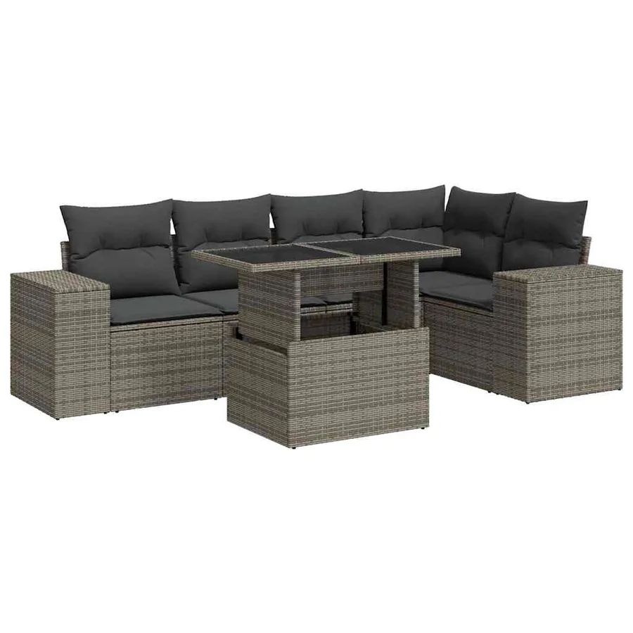 Salon de jardin 6 pcs avec coussins gris résine tressée - 2