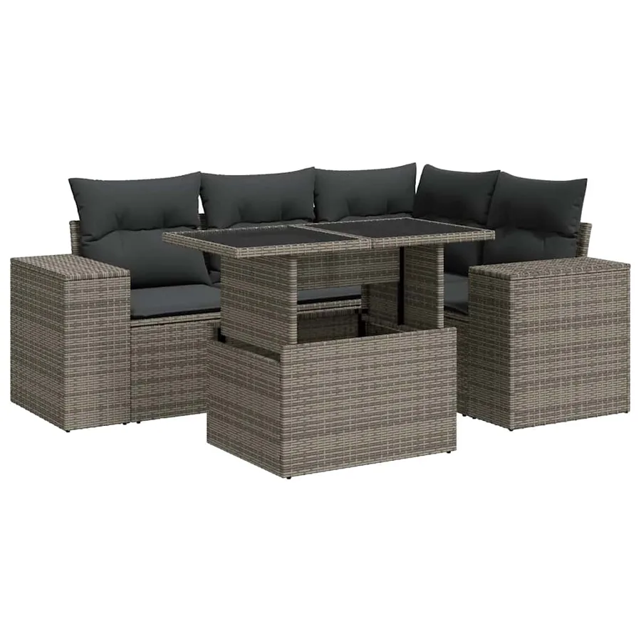 Salon de jardin 5 pcs avec coussins gris résine tressée - 2