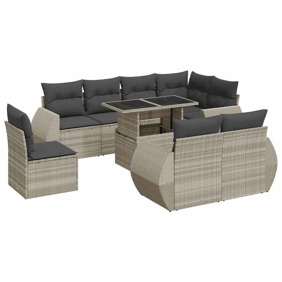 Salon de jardin 9 pcs avec coussins gris clair résine tressée - 2