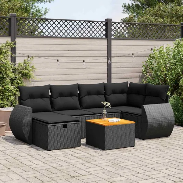 Salon de jardin 7 pcs avec coussins noir résine tressée 71 x 62 x 69 cm - 59,4 kg