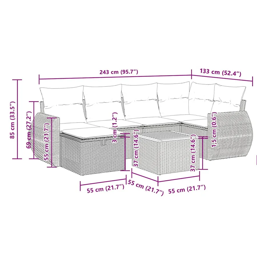 Salon de jardin 7 pcs avec coussins noir résine tressée 71 x 62 x 69 cm - 59,4 kg - 14