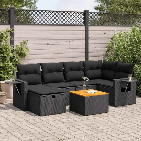 Salon de jardin 7 pcs avec coussins noir résine tressée 62 x 62 x 69 cm - 59,8 kg