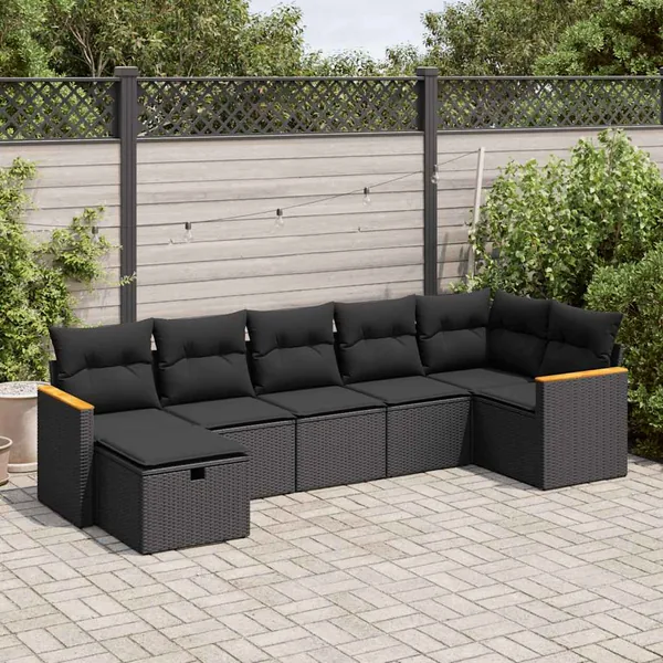 Salon de jardin 7 pcs avec coussins noir résine tressée 62 x 62 x 69 cm - 59,2 kg