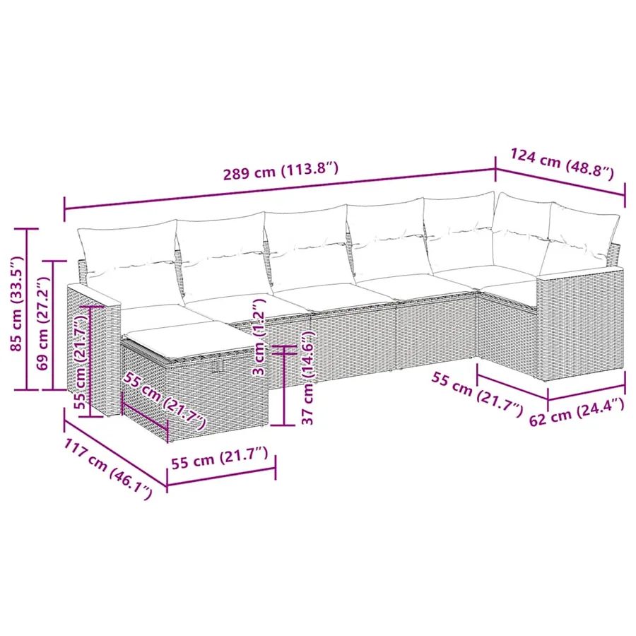 Salon de jardin 7 pcs avec coussins noir résine tressée 62 x 62 x 69 cm - 59,2 kg - 15