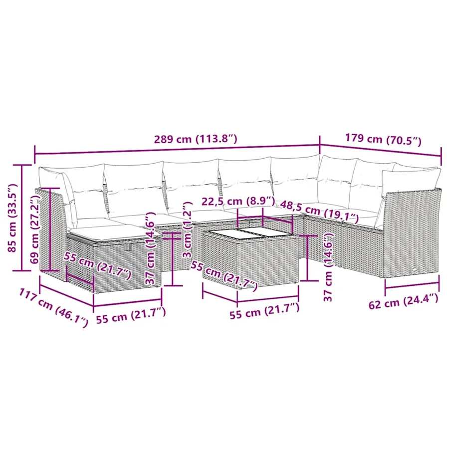 Salon de jardin avec coussins 9 pcs beige résine tressée - 12