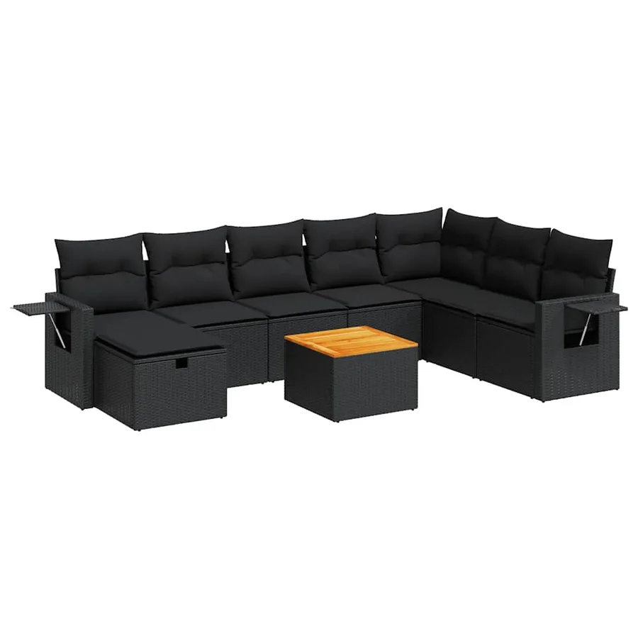 Salon de jardin 9 pcs avec coussins noir résine tressée - 2