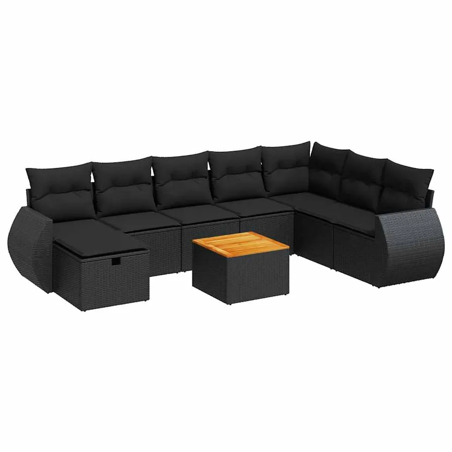 Salon de jardin 9 pcs avec coussins noir résine tressée - 2