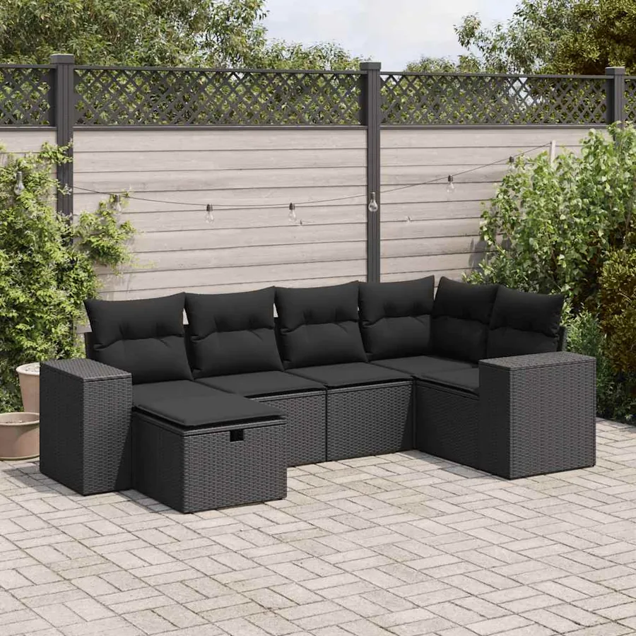 Salon de jardin 6 pcs avec coussins noir résine tressée