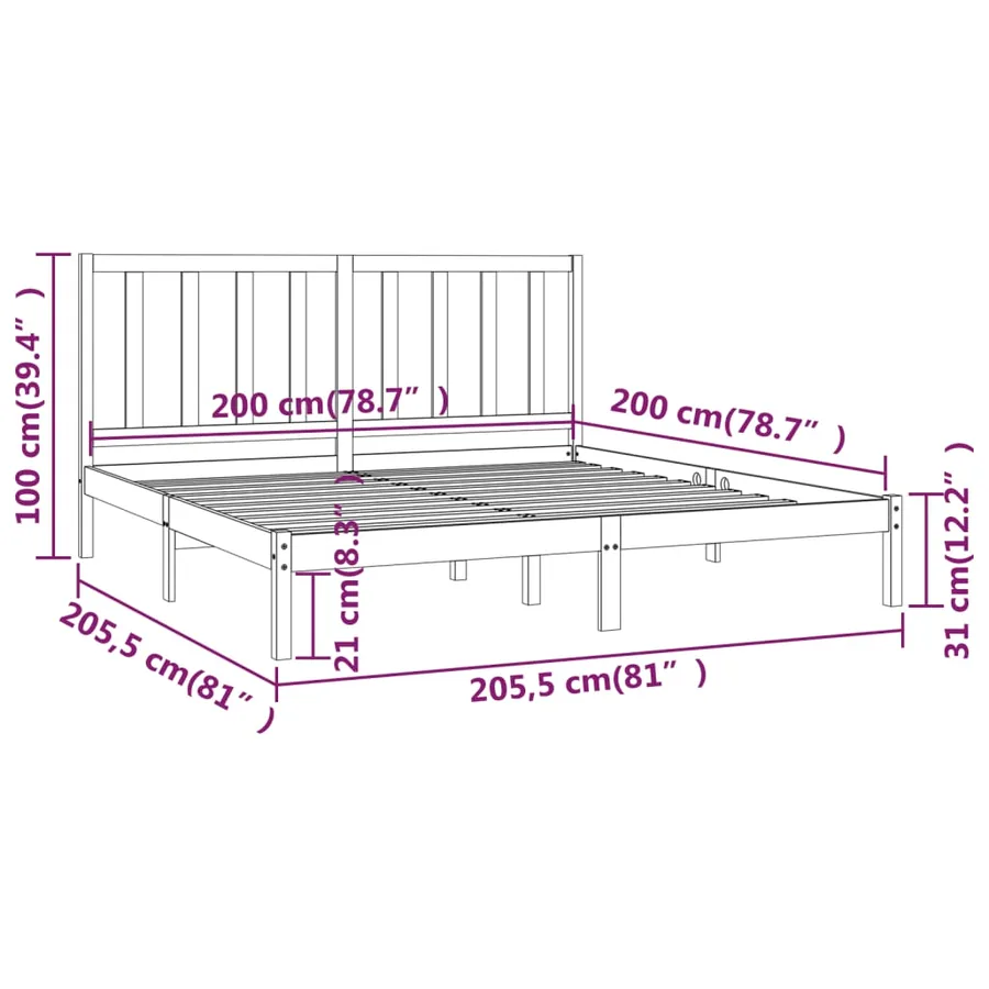 Cadre de lit sans matelas noir bois massif de pin 200x200 cm - 6