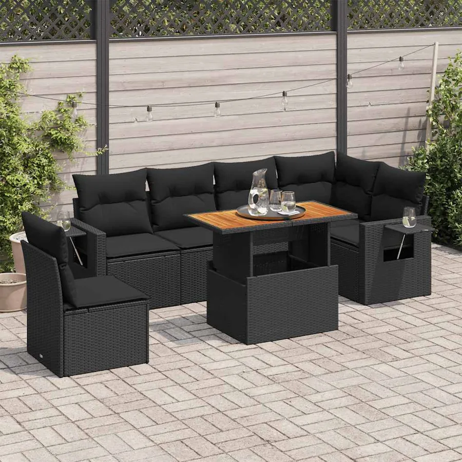 Salon de jardin 7 pcs avec coussins noir résine tressée 62 x 62 x 69 cm - 66,6 kg