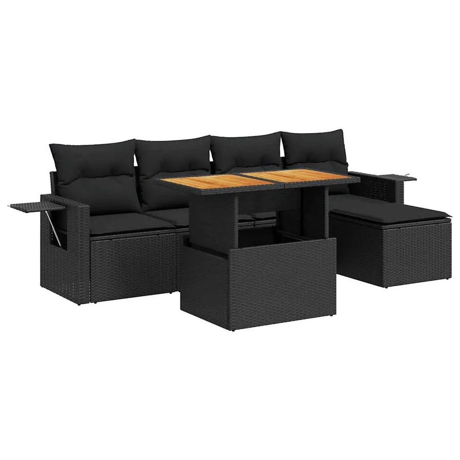 Salon de jardin 6 pcs avec coussins noir résine tressée - 2
