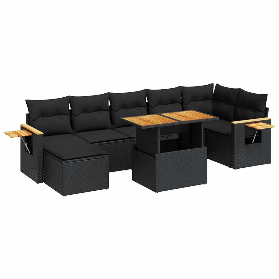 Salon de jardin avec coussins 8 pcs noir résine tressée acacia - 2