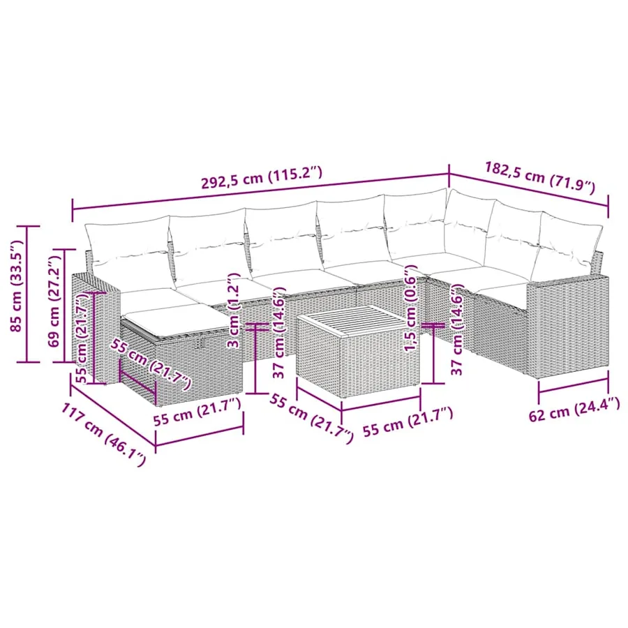 Salon de jardin 9 pcs avec coussins noir résine tressée - 16