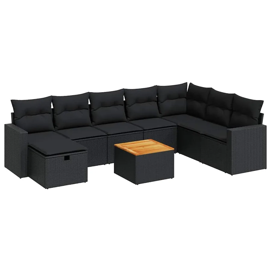 Salon de jardin 9 pcs avec coussins noir résine tressée - 2