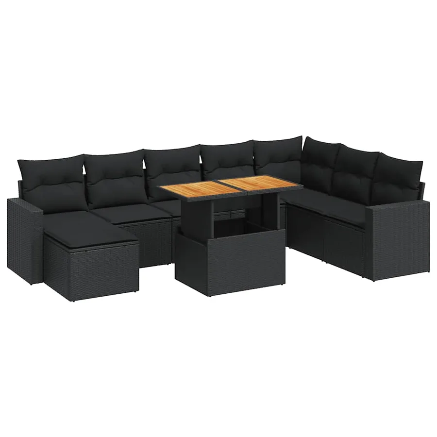Salon de jardin 9 pcs avec coussins noir résine tressée - 2