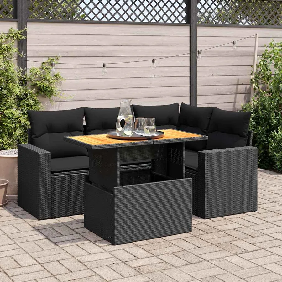 Salon de jardin 5 pcs avec coussins noir résine tressée
