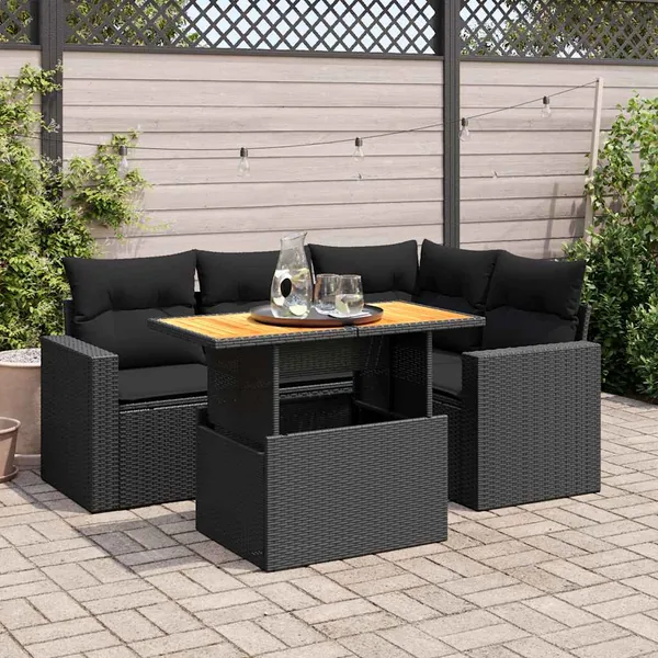 Salon de jardin 5 pcs avec coussins noir résine tressée