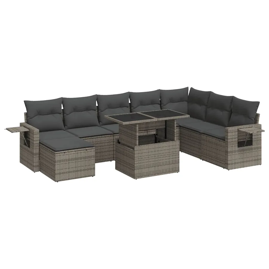 Salon de jardin 9 pcs avec coussins gris résine tressée - 2