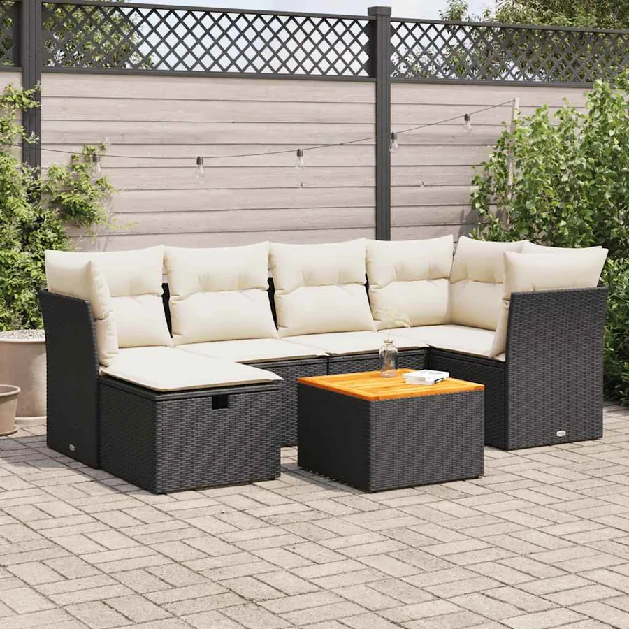 Salon de jardin 7 pcs avec coussins noir résine tressée 62 x 62 x 69 cm - 60,1 kg