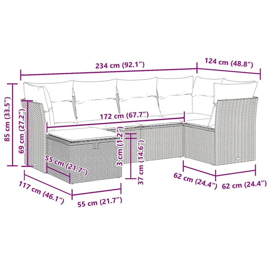 Salon de jardin 6 pcs avec coussins noir résine tressée - 11
