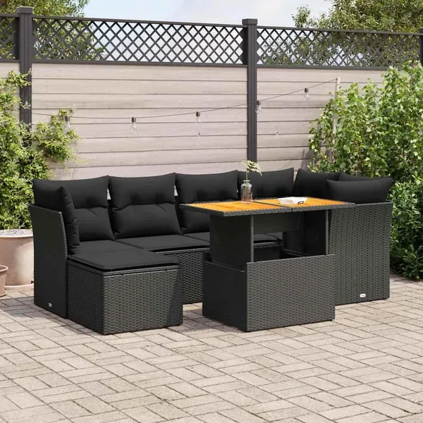 Salon de jardin 7 pcs avec coussins noir résine tressée 62 x 62 x 69 cm - 66,4 kg