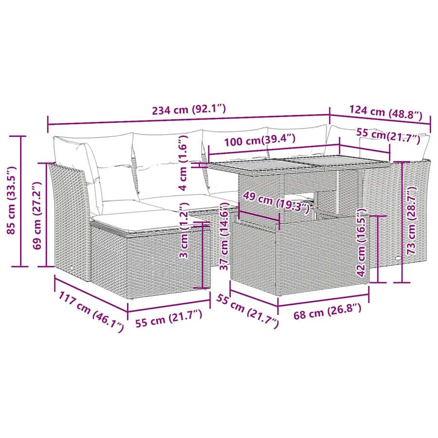 Salon de jardin 7 pcs avec coussins noir résine tressée 62 x 62 x 69 cm - 66,4 kg - 13