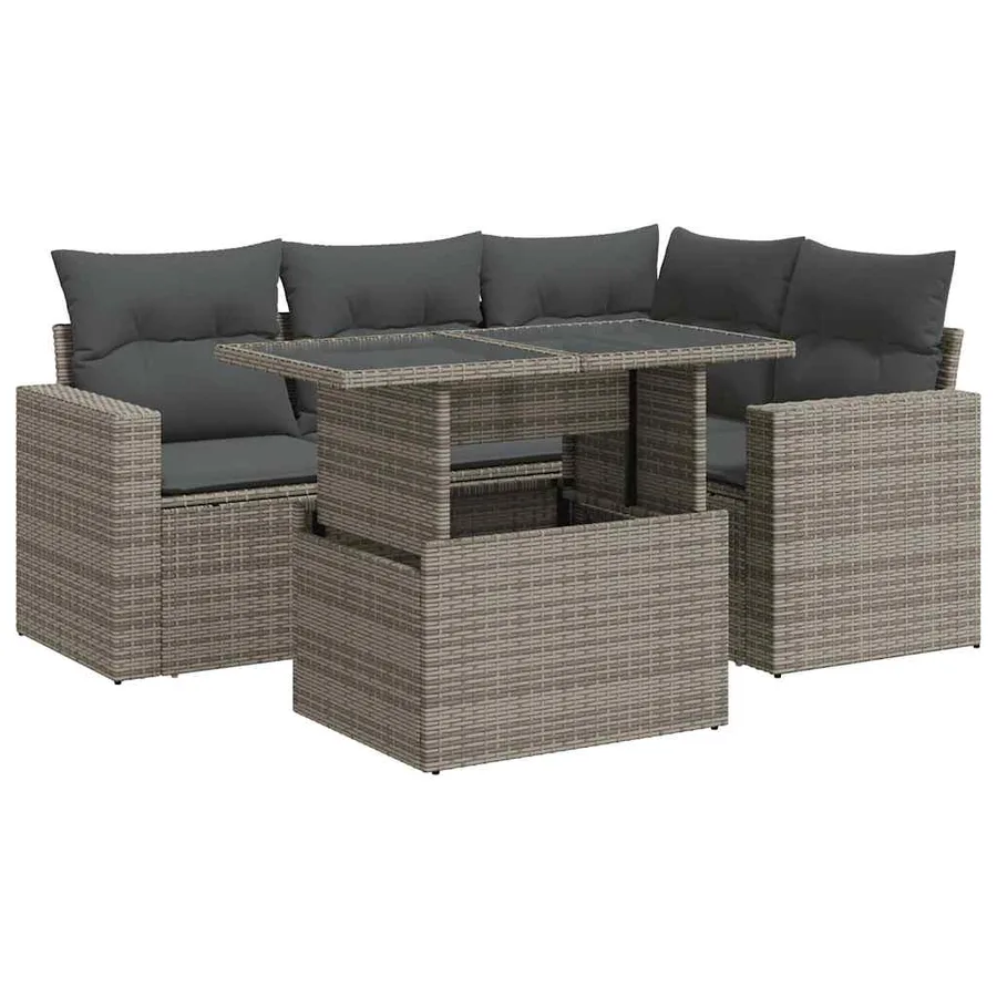 Salon de jardin 5 pcs avec coussins gris résine tressée - 2