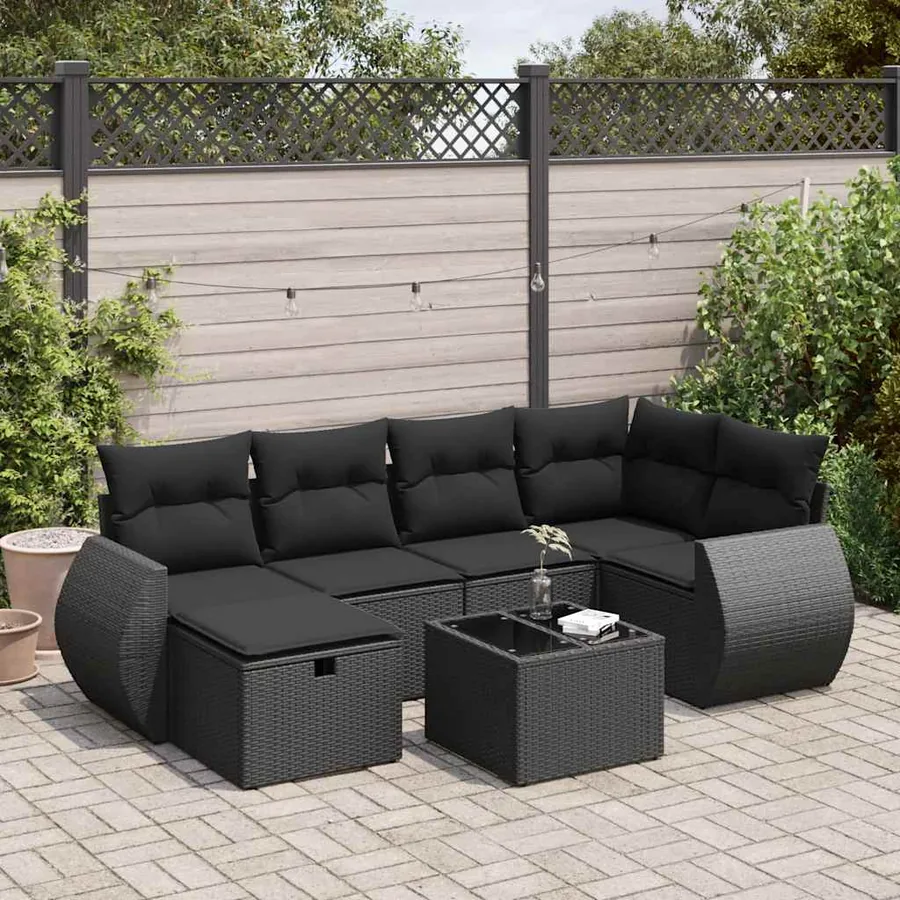 Salon de jardin 7 pcs avec coussins noir résine tressée 71 x 62 x 69 cm - 60,2 kg