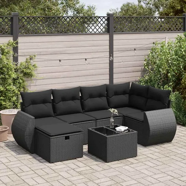Salon de jardin 7 pcs avec coussins noir résine tressée 71 x 62 x 69 cm - 60,2 kg