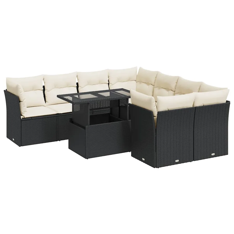 Salon de jardin 9 pcs avec coussins noir résine tressée - 2