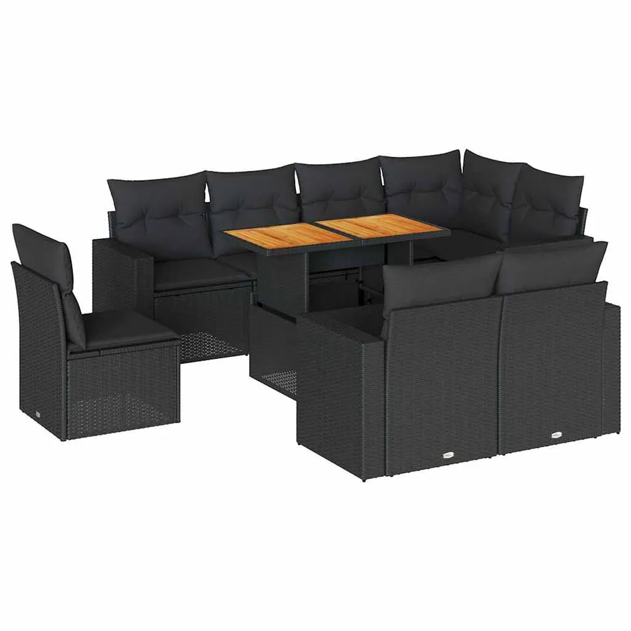 Salon de jardin 9 pcs avec coussins noir résine tressée - 2