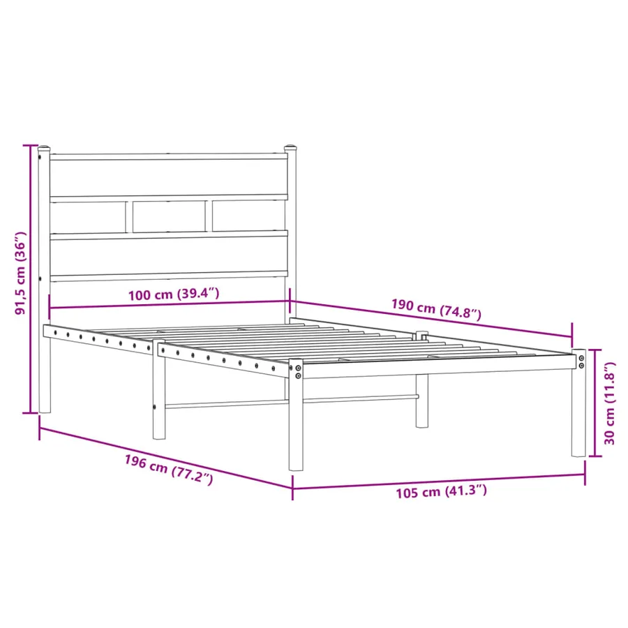 Cadre de lit en métal sans matelas chêne fumé 100x190 cm - 9