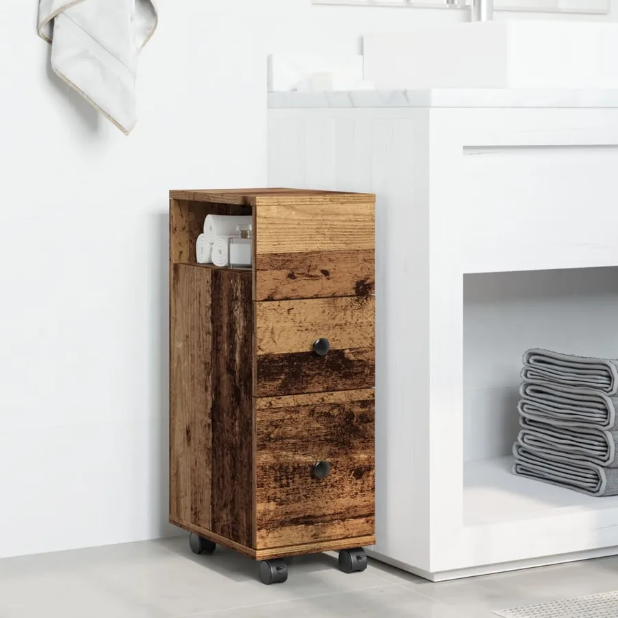 Meuble étroit de salle de bain à roulettes vieux bois - 3