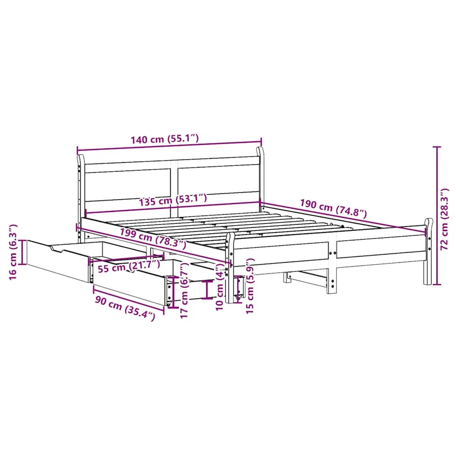 Cadre de lit sans matelas blanc 135x190 cm bois de pin massif - 12