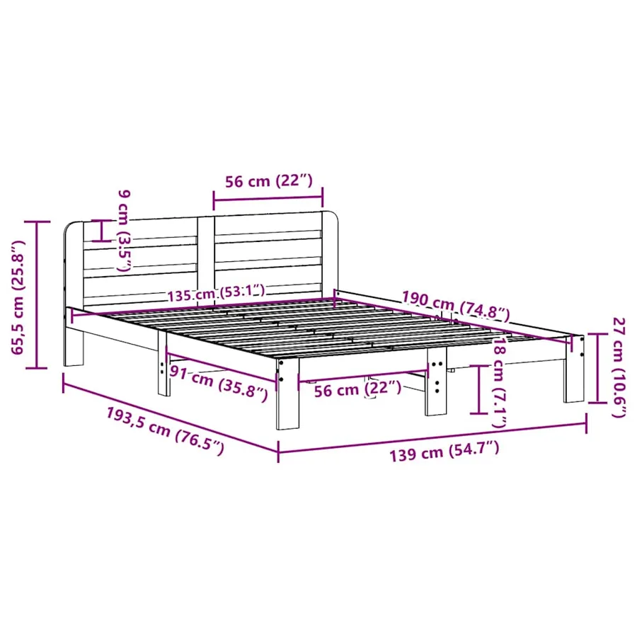 Cadre de lit sans matelas blanc 135x190 cm bois de pin massif - 9
