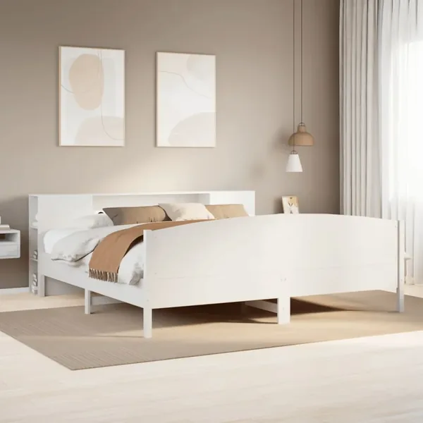 Lit bibliothèque sans matelas blanc 200x200 cm bois pin massif