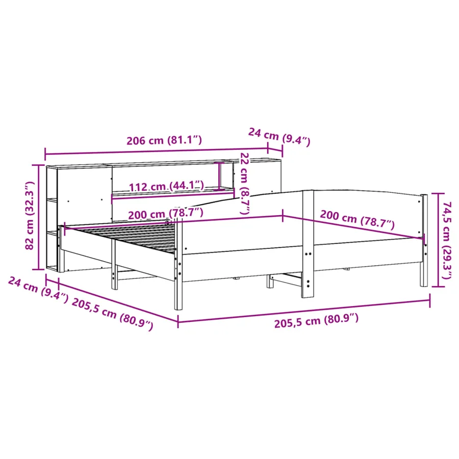 Lit bibliothèque sans matelas blanc 200x200 cm bois pin massif - 12