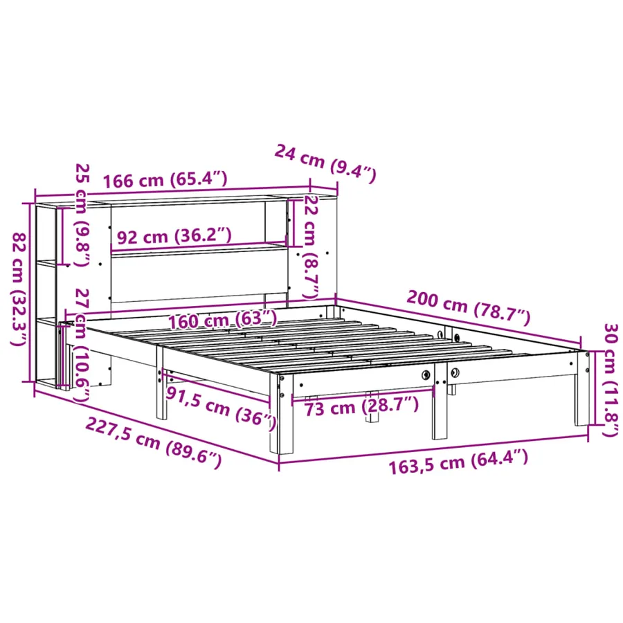 Lit bibliothèque sans matelas blanc 160x200 cm bois pin massif - 11